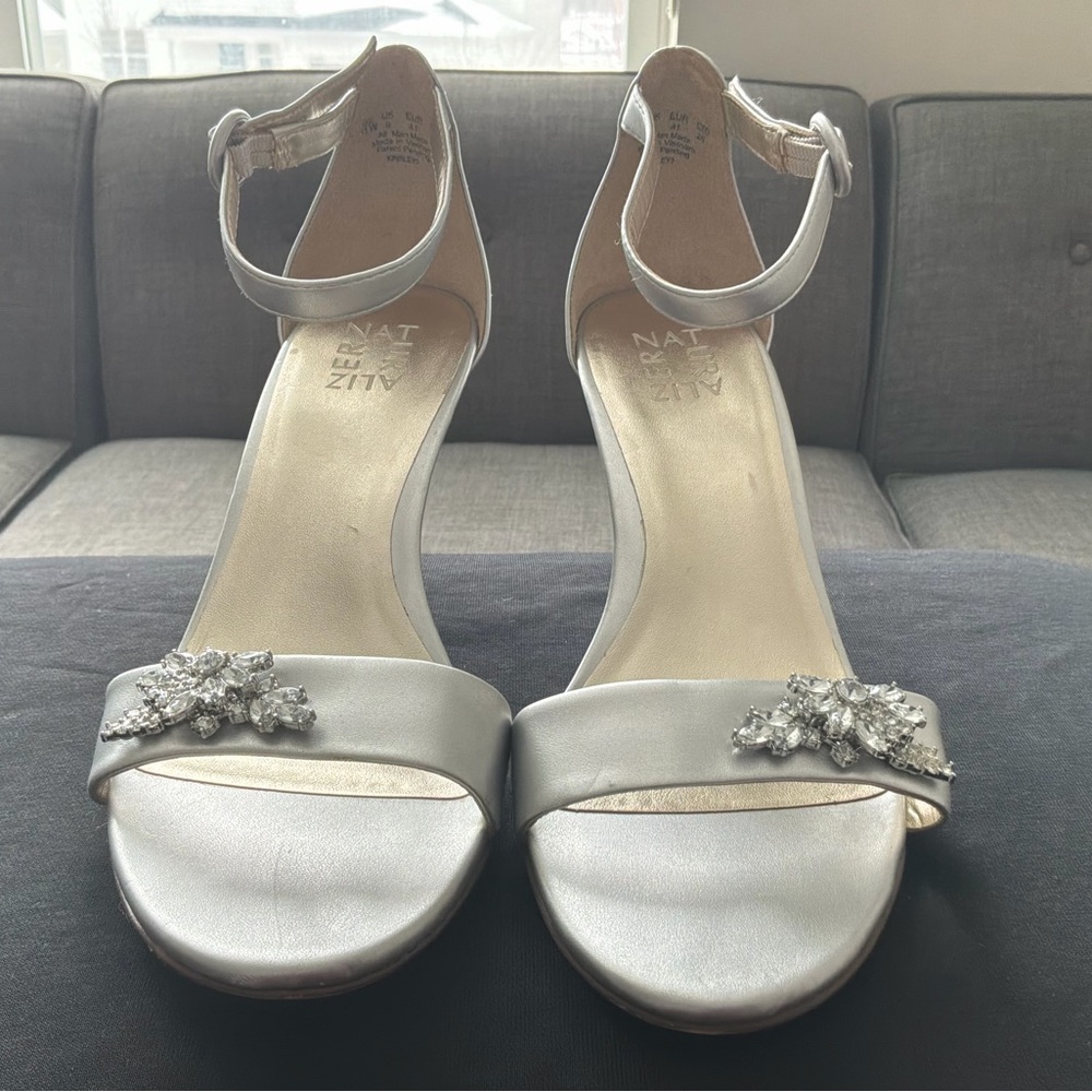 Naturalizer Silver Rhinestone Ankle Strap Heels 11W Wide Width
